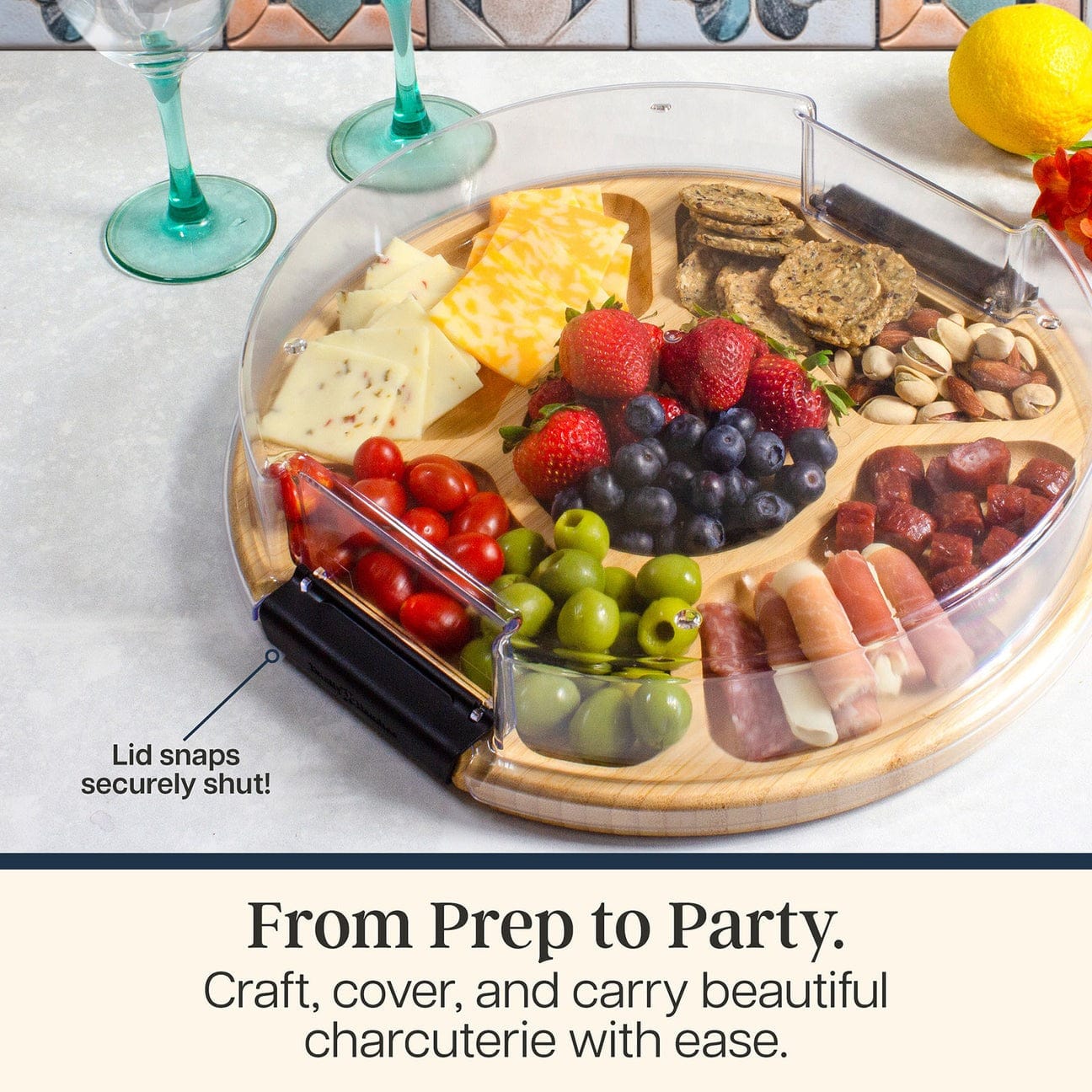 Table & Counter Accessories Flip, Serve & Store Charcuterie Board with Locking Lid - Round