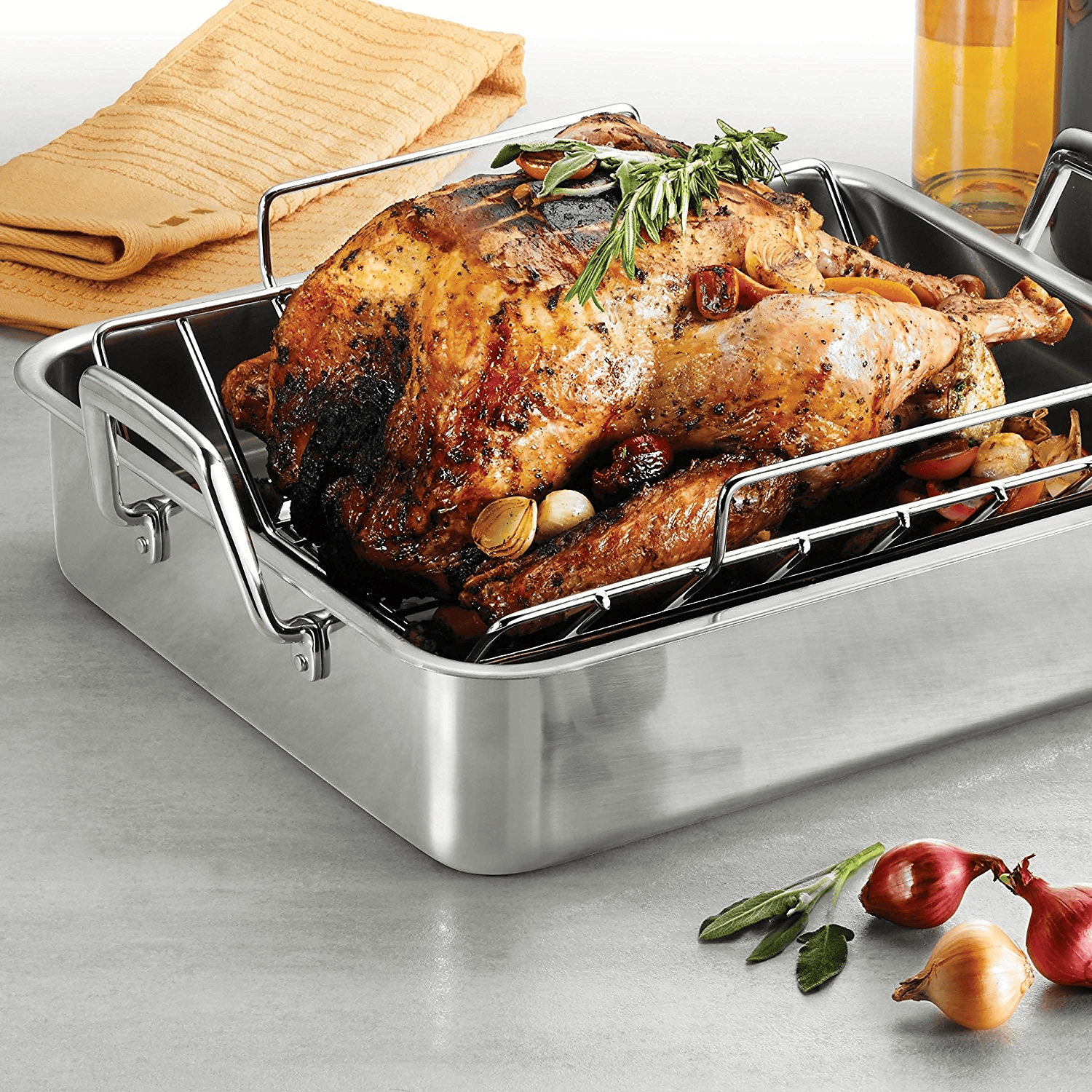 Cookware Tramontina Prima Stainless Steel Deep Roasting Pan with Basting Grill & V-Rack - 16.5in"